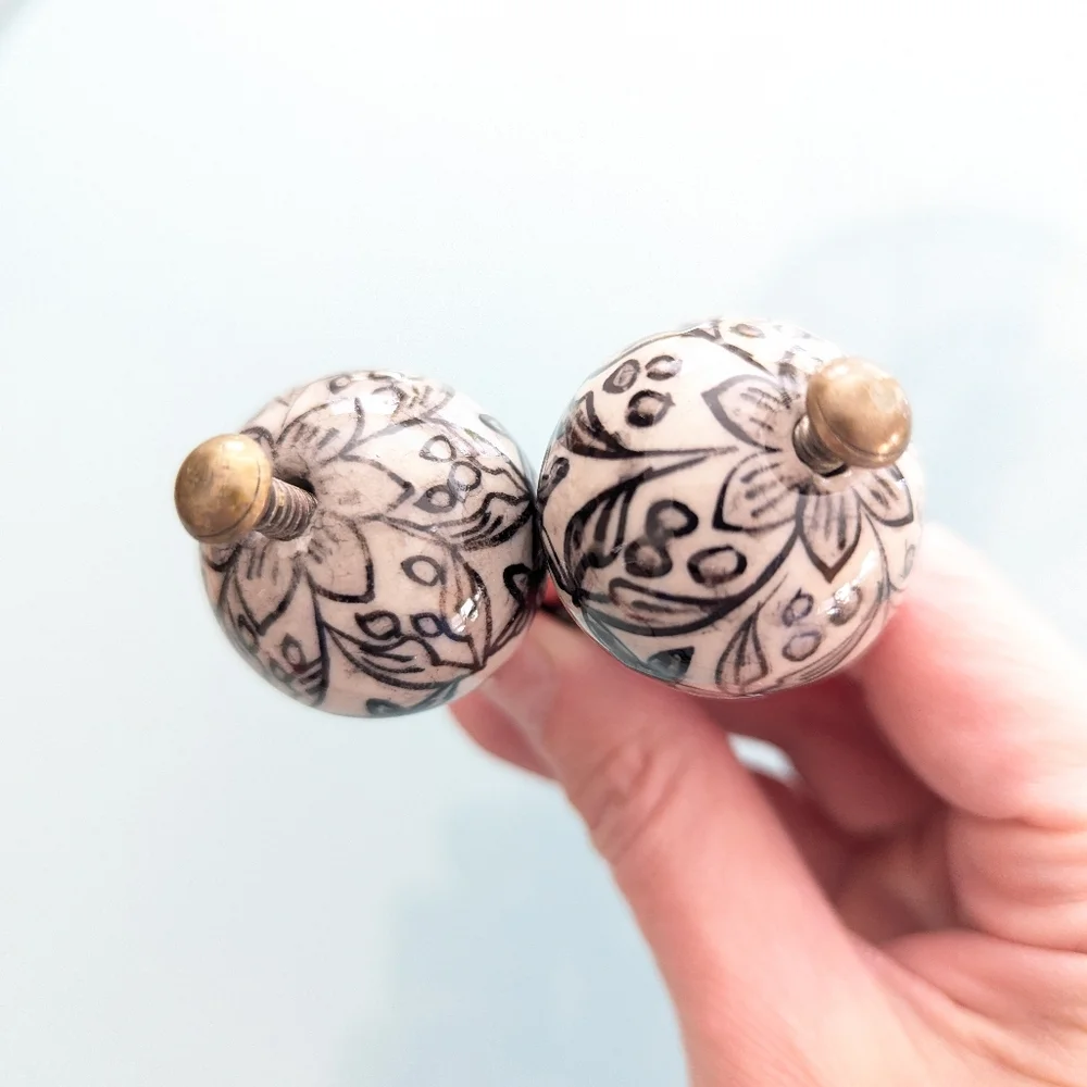 Hobby Lobby Pottery Knobs Floral Black and White Flower Drawer Pulls - Set of 2